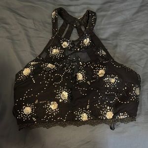 2 Piece Navy Dress Black Halter Top with Silver Floral Embellishments